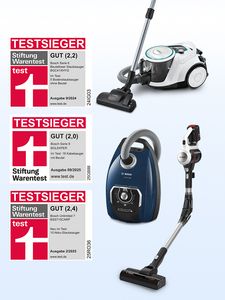 Drei unterschiedliche Bosch Staubsauger-Modelle sind zusammen mit den Auszeichnungen von Stiftung Warentest abgebildet.