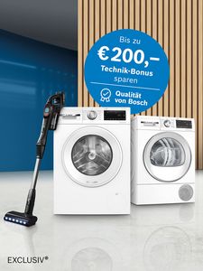 Bild von Bosch-Ger&auml;ten auf einem lila Hintergrund, beworben wird eine Ersparnis von bis zu 200 &euro; mit Fokus auf Qualit&auml;t und Technologie.