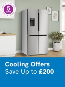 Bosch fridge with water dispenser, 5 year warranty logo.