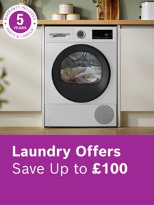 Bosch washing machine in a kitchen with 5 year warranty logo