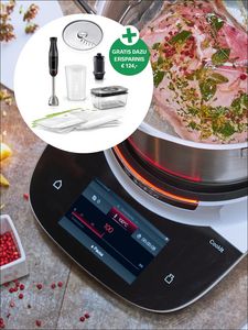 Cookit mit digitalem Display und Topf mit Kr&auml;utern und Gew&uuml;rzen im Wasser sowie Einblendung von K&uuml;chenutensilien und Text 'GRATIS DAZU ERSPARNIS &euro; 124,-'