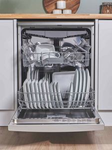 Bosch SMS2HV167G Dishwasher with door down showing interior contents