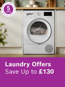 Bosch washing machine in a kitchen with 5 year warranty logo