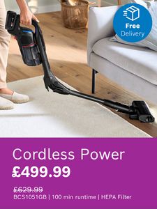 Bosch upright vacuum cleaner in use with free delivery icon