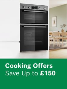 Built-in Bosch double oven on display in a kitchen setting
