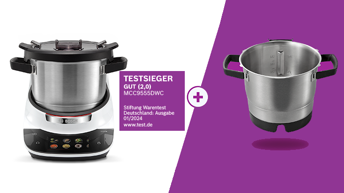 Bosch Cookit K&uuml;chenmaschine mit Kochtopf und einem zweiten gro&szlig;en Edelstahl-Kochbeh&auml;lter vor violettem Hintergrund.