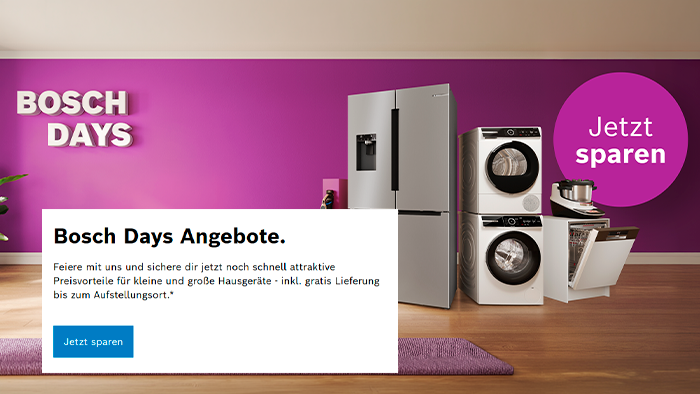 Bosch Days Grafik mit Haushaltsger&auml;ten und Hinweis auf Angebote und gratis Lieferung.
