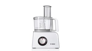 A white Styline food processor on a wooden worktop.
