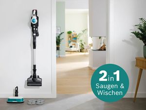 Staubsauger mit 2-in-1-Saug- und Wischfunktion, der in ein modernes, minimalistisches Wohninterieur passt.