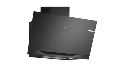 Capota de cocina de acero inoxidable con dos ventiladores de escape y panel de control.