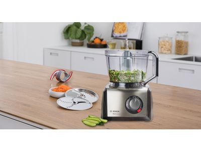 Bosch MultiTalent 8 food processor that's chopped a green vegetable relish.