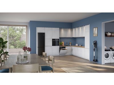 Bright, open kitchen with light blue walls and various Bosch appliances