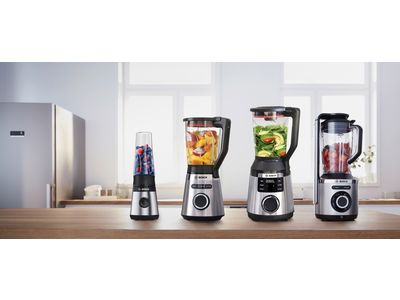 Line up of the four BOSCH blenders on a kitchen worktop.