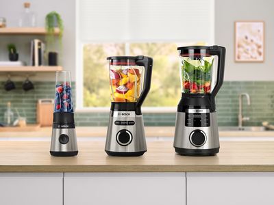 Line up of the four BOSCH blenders on a kitchen worktop.