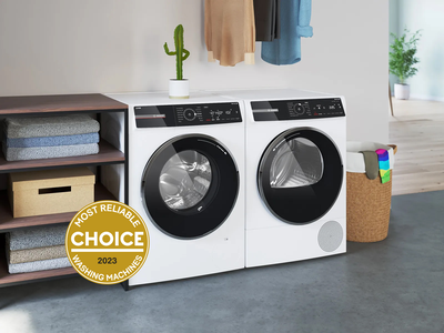Bosch built-under washer in a modern white laundry room.