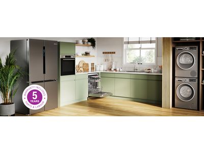 Kitchen setting with Bosch 5 year warranty home banner