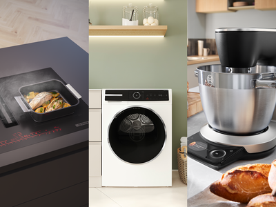 Bosch Neuheiten 2025: Induktionskochfeld mit integriertem Dunstabzug, moderner Wäschetrockner und leistungsstarke Küchenmaschine mit frischem Brot.