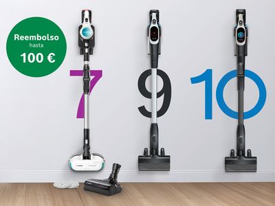 Tres aspiradoras inalámbricas Bosch exhibidas con oferta de reembolso de hasta 100 €.