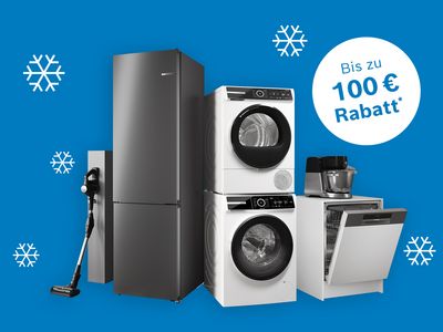 Haushaltsgeräte auf blauem Hintergrund mit Schneeflocken und dem Hinweis, dass es bis zu 100 € Rabatt im Bosch Online Shop gibt 