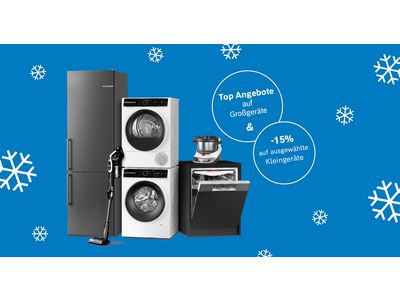 Mehrere Bosch Haushaltsgro&szlig;ger&auml;te und Kleinger&auml;te vor blauem Hintergrund mit wei&szlig;en Schneeflocken und Text in wei&szlig;en Kreisen 'Top Angebote auf Gro&szlig;ger&auml;te & -15% auf ausgew&auml;hlte Kleinger&auml;te'