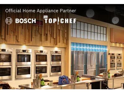 Bosch & TopChef logos in top chef kitchen settings with Bosch Appliances