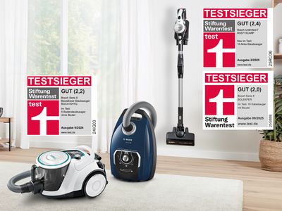 Verschiedene Bosch Staubsauger-Modelle sind zusammen mit den Auszeichnungen von Stiftung Warentest abgebildet.