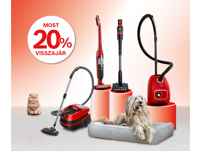 Bosch rekl&aacute;mgrafika lazacpiros-feh&eacute;r sz&iacute;nvil&aacute;gban. A felső r&eacute;szen a Bosch log&oacute; &eacute;s a sz&ouml;veg: &bdquo;&Aacute;llati nagy tisztas&aacute;g! Bosch ProAnimal porsz&iacute;v&oacute;k 20% p&eacute;nzvisszat&eacute;r&iacute;t&eacute;ssel.&rdquo; A prom&oacute;ci&oacute; időszaka: 2026.06.01&ndash;08.31 l&aacute;that&oacute;. Bal oldalon egy feh&eacute;r k&ouml;rben nagy piros felirat: &bdquo;Most 20% visszaj&aacute;r&rdquo;. A k&eacute;p als&oacute; r&eacute;sz&eacute;n n&eacute;gy piros Bosch porsz&iacute;v&oacute; szerepel k&uuml;l&ouml;nb&ouml;ző t&iacute;pusokban: porzs&aacute;kos, nedves-sz&aacute;raz &eacute;s &aacute;ll&oacute; vezet&eacute;k n&eacute;lk&uuml;li modellek. A porsz&iacute;v&oacute;k mellett egy hossz&uacute; szőrű kutya fekszik p&aacute;rn&aacute;n, bal oldalon pedig egy vil&aacute;gosbarna macska &uuml;l. Az als&oacute; r&eacute;szen apr&oacute; betűs prom&oacute;ci&oacute;s t&aacute;j&eacute;koztat&oacute; olvashat&oacute;.