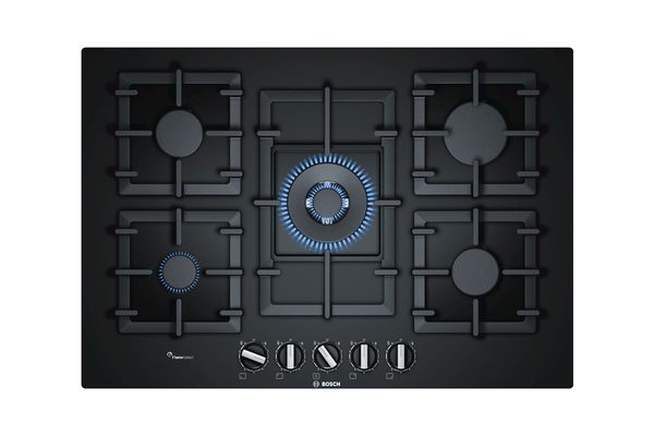 A 75-cm wide, 5-burner black gas hob from Bosch. Dual-flame wok burner in the centre is lit.