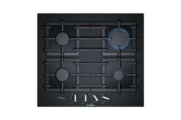 A Bosch 60-cm, 4-burner gas hob in black from Series with flames lit on the right burners.