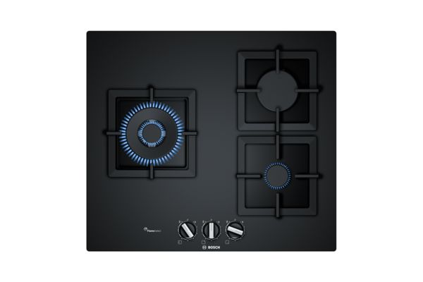 A 3-burner gas hob from Bosch in black tempered glass.