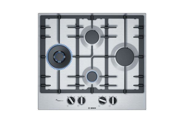 A 60-cm, 4-burner stainless steel gas hob from Bosch with a lit two-flame wok burner.