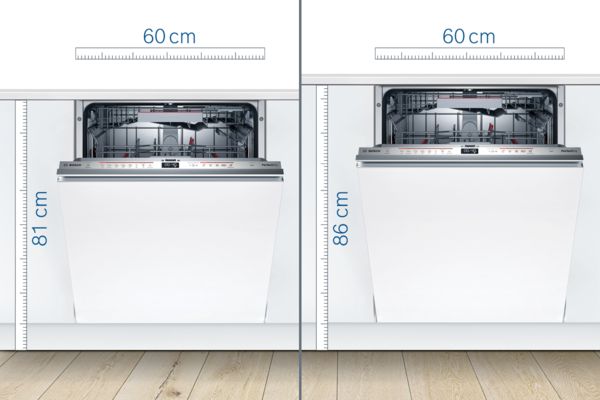 Lave-vaisselle Bosch de taille standard (60 x 81 cm) à côté d’un modèle grande hauteur (86 cm).