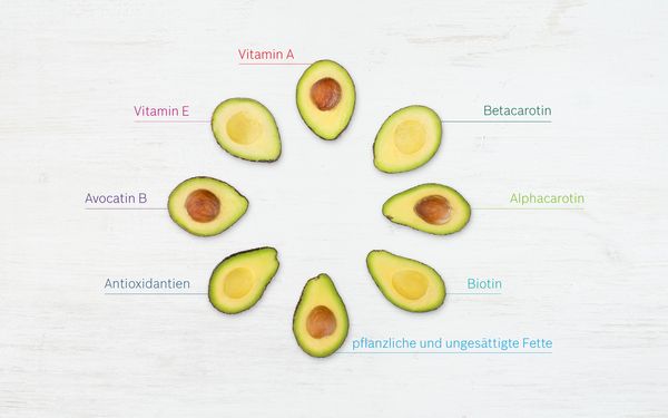 Überblick über das Superfood Avocado – halbiert mit einigen enthaltenen gesunden Nährstoffen.