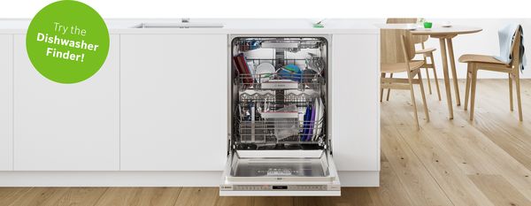 Open PerfectDry dishwasher in bright open kitchen, eye-catcher promotes Dishwasher Finder