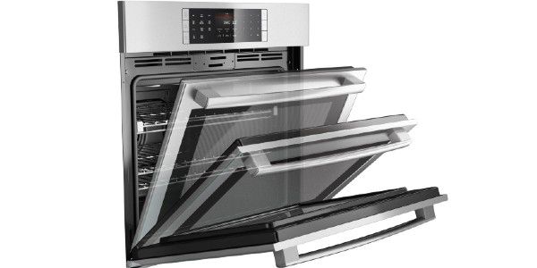 The 24" Bosch single wall built-in oven features dampened hinges and a QuietClose® Door
