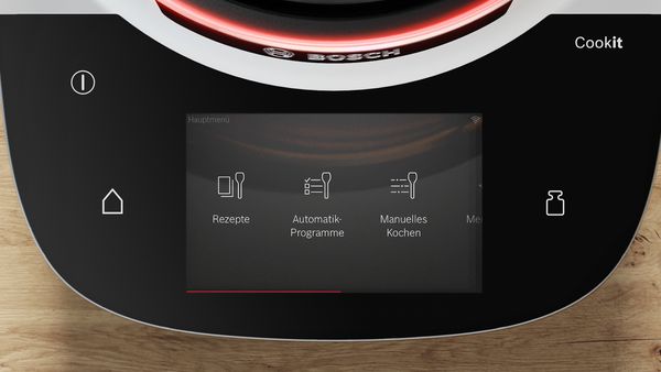 Display des Bosch Cookit mit Hauptmen&uuml; f&uuml;r Kocharten: Rezepte, Automatikprogramme und manuelles Kochen.