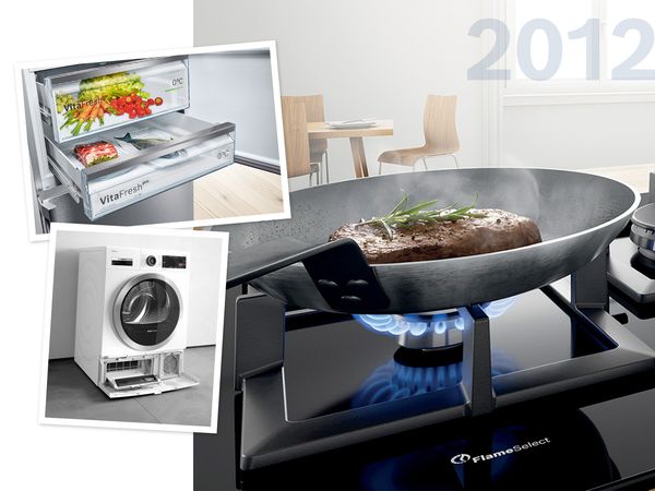 Illustration des innovations : une table à gaz avec FlameSelect, un réfrigérateur ouvert avec tiroirs VitaFresh et un sèche-linge avec fonction AutoClean.