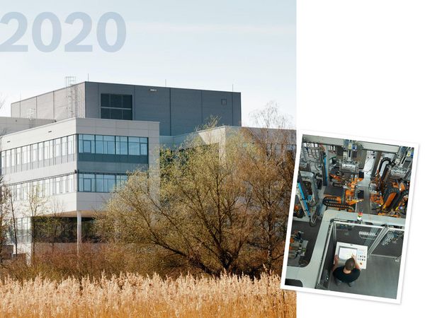 Factory building in autumn next to a photo of a top view of a welding line.