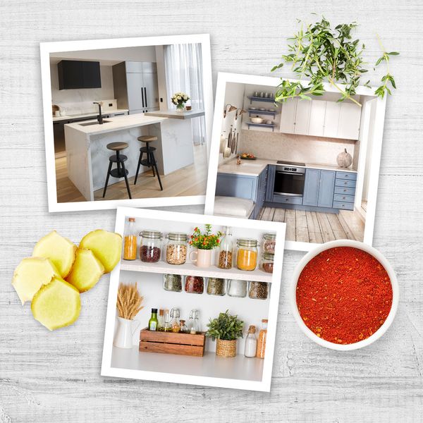 Поляроидные фотографии идей дизайна кухни на кухонном столе в окружении разноцветных трав и специй