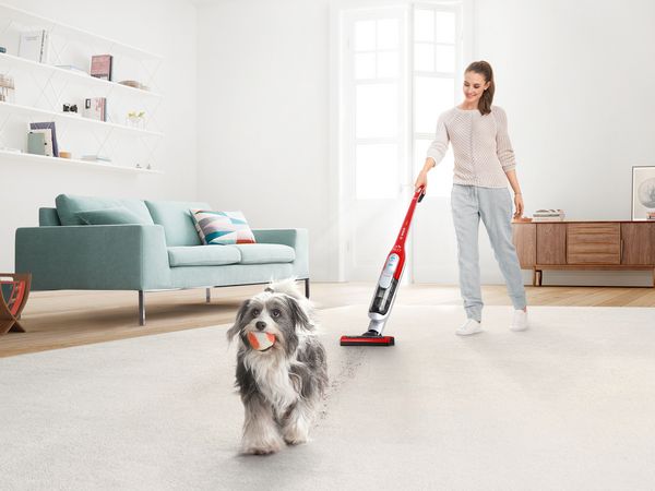 A woman vacuums a grey carpet, a dog is playing in the foreground.