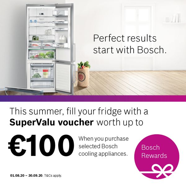 Open Bosch fridge showing inside contents, alongside the offer text