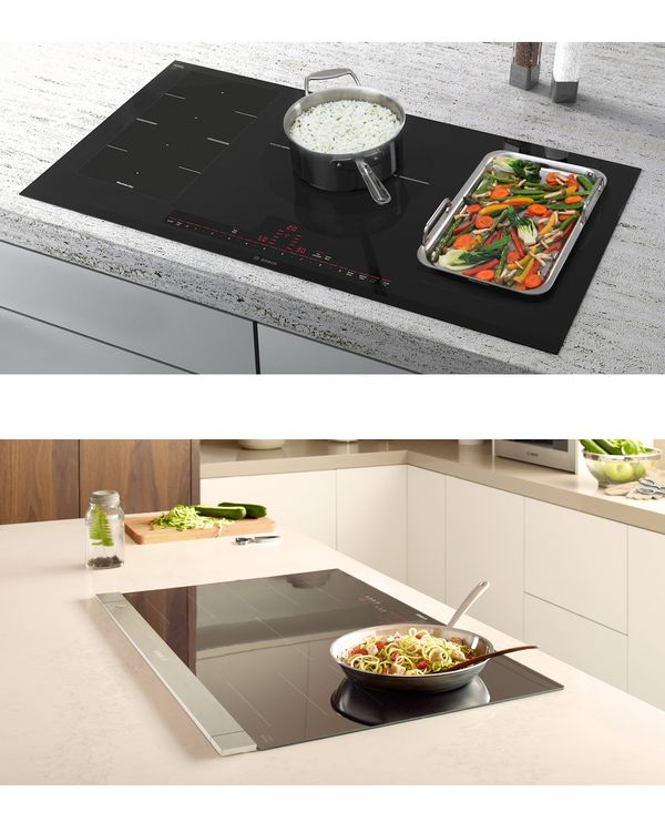cooking food in tray and pot on an induction cooktop 