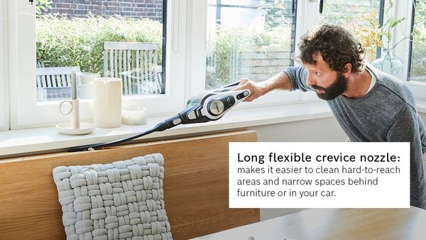 Extra lange flexibele kierenzuigmond: eenvoudige reiniging van moeilijk te bereiken hoeken en kieren. Speciaal ontwikkeld om achter meubels, lades of in je auto mee te manoeuvreren.