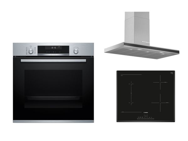 Set of three Bosch cooking appliances: oven, hood, induction hob in black and stainless steel