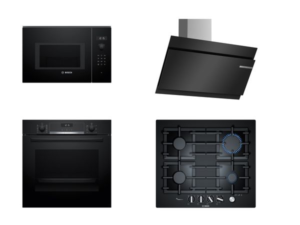 Set of four Bosch appliances: microwave, hood, oven and hob in matte black