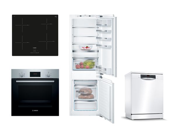 Set of four Bosch appliances in black and stainless steel