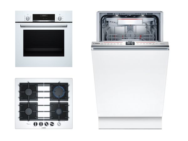 Kit de 3 appareils Bosch blancs : four, table à gaz et lave-vaisselle.