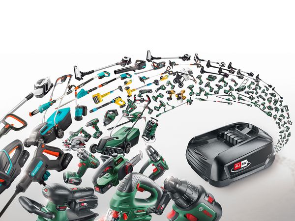 Grafika wirowa przedstawiająca narzędzia ogrodnicze i elektronarzędzia marki Bosch, a także akumulator 18-woltowy symbolizujący system Power For All Alliance.