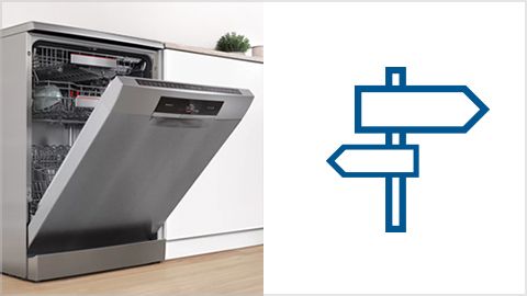 Ελεύθερο πλυντήριο πιάτων Bosch με ένα εικονίδιο πινακίδας που αναπαριστά την Εύρεση πλυντηρίου πιάτων.