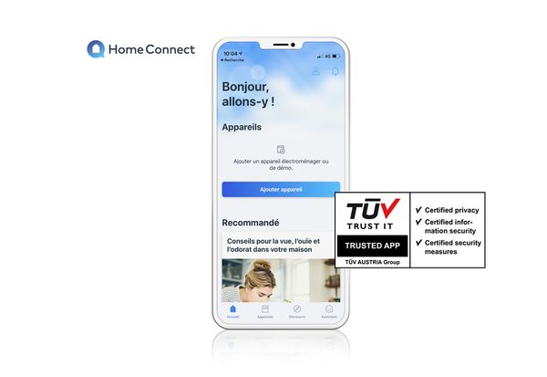Smartphone avec l'application Home Connect et le logo de l'application Trusted.